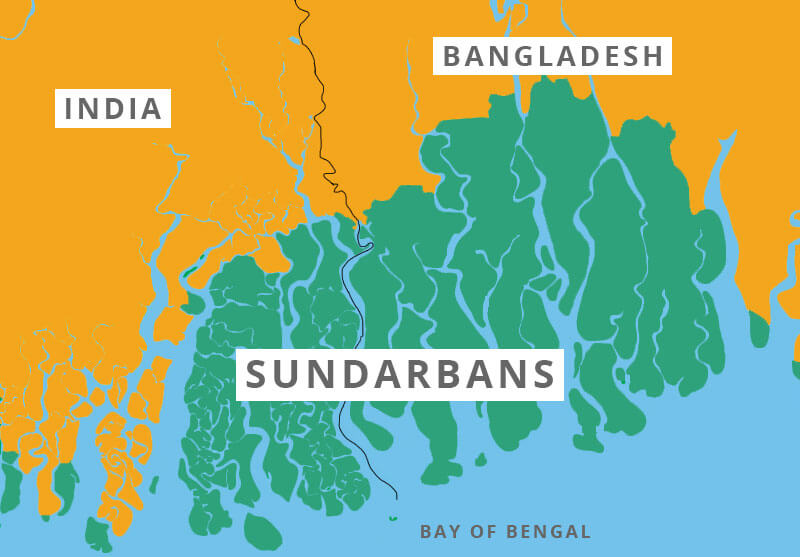 Map showing the location of the Sundarbans Islands in relation to India, Bandladesh, and the Bay of Bengal